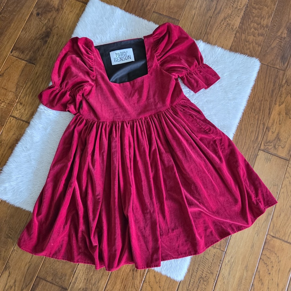 Mary Benson Velvet Mini Dress Women's Small? Red Puff Sleeve Pockets Baby Doll